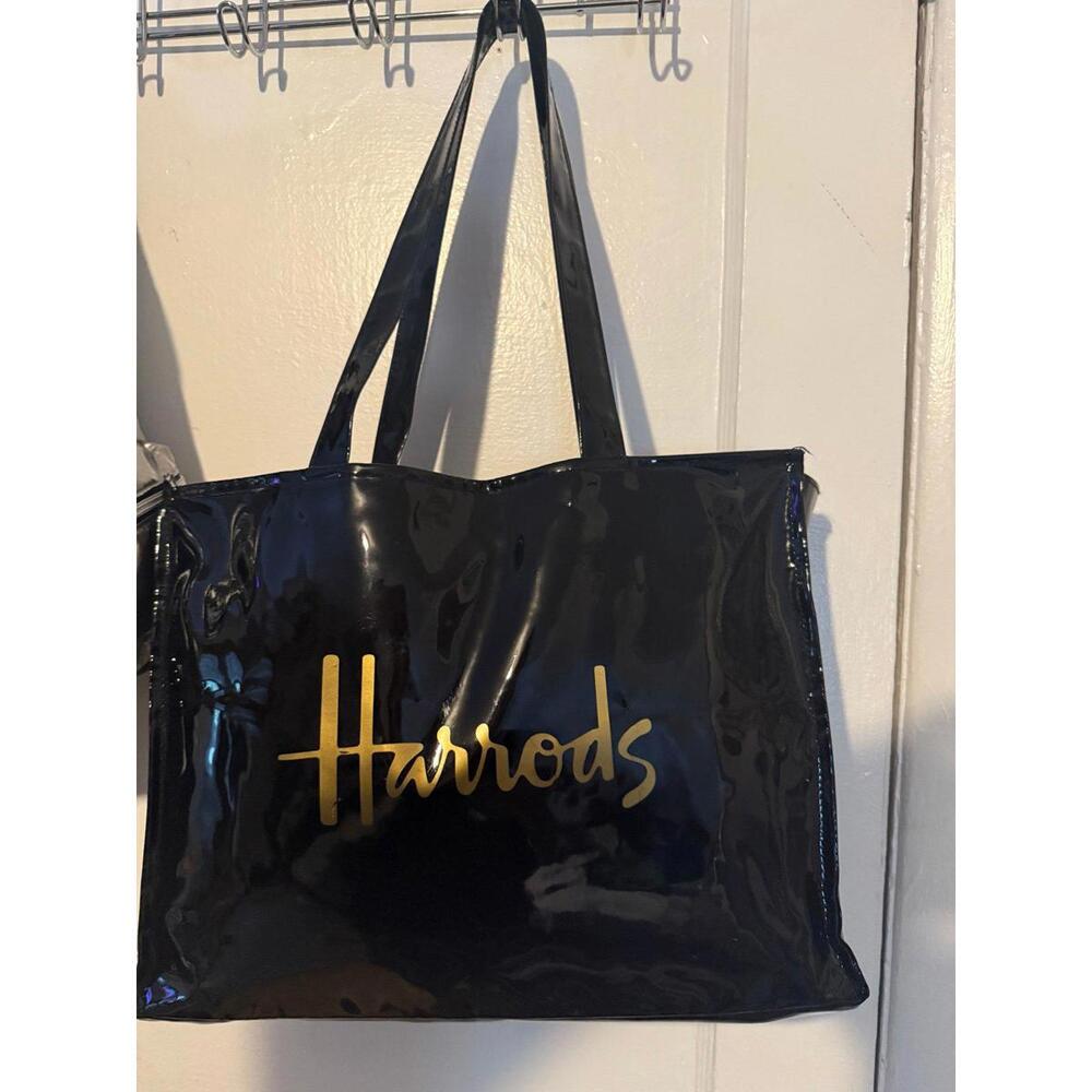 Vintage Harrods Tote Bag KnightsBridge Black Gold Patent Medium Shopper Shopping